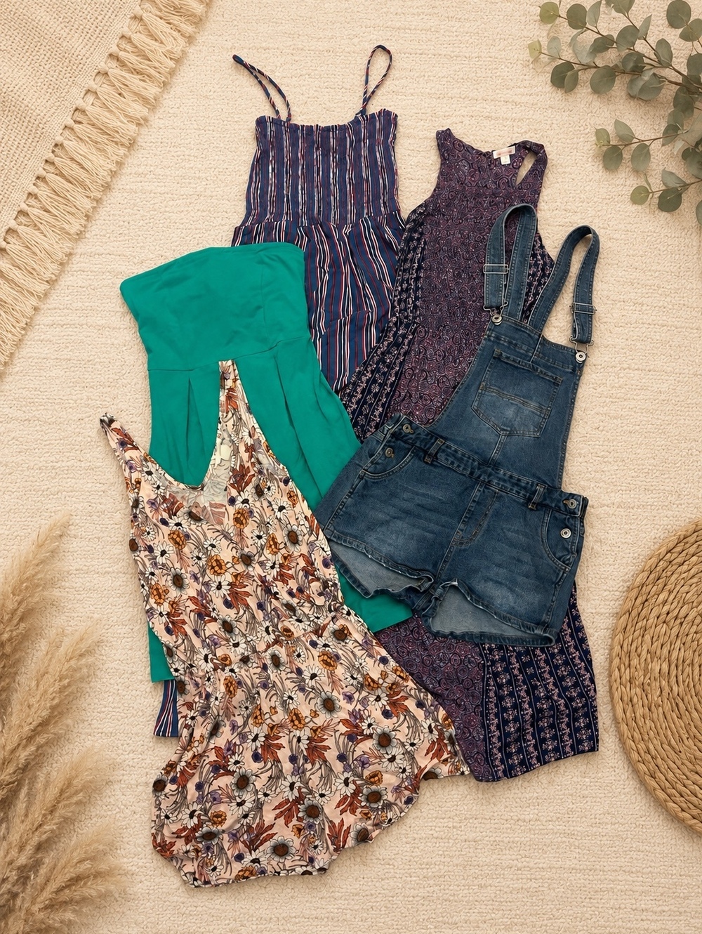 Women’s XS 5 Piece Clothing Bundle Boho Romper Dresses Denim Overalls Summer